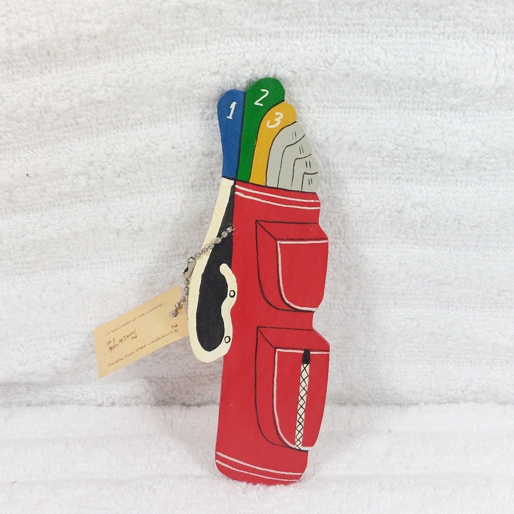 Mary McDaniel Keychain Golf Bag Wood Hand Painted Vintage 70's Clubs Signed Gift
